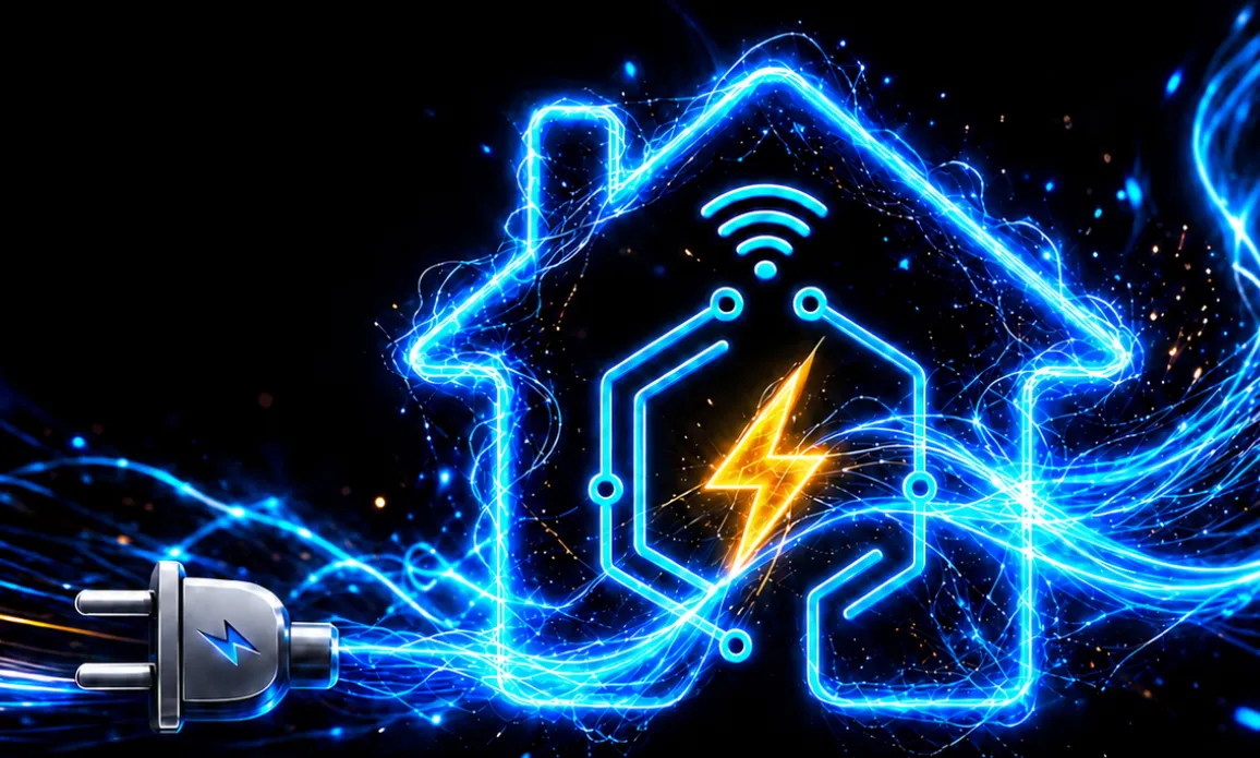 Casa inteligente conectada por energía eléctrica azul, con enchufe, símbolo WiFi y un rayo dorado en el centro