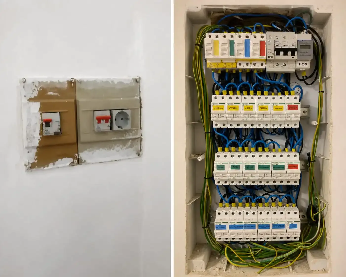 Cuadro eléctrico empotrado en la pared en obra junto al cuadro nuevo con las protecciones ya conectadas